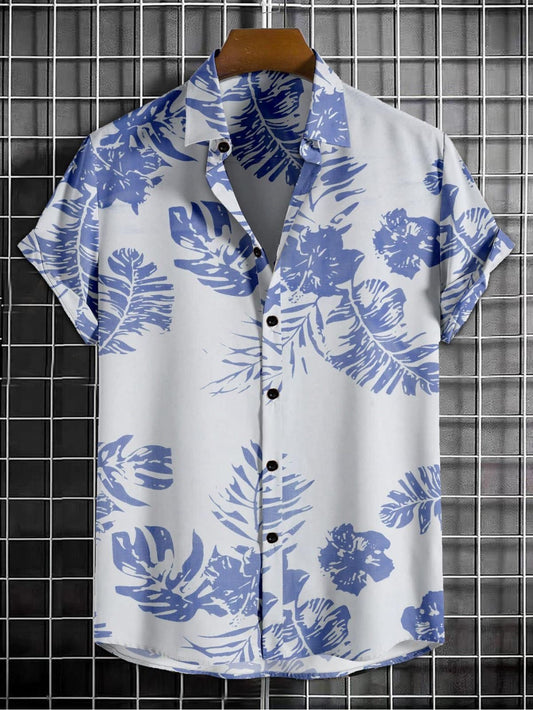 Men's Printed Half Sleeves Regular Collar Casual Shirt White & NavyBlue